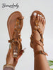 Breezelady Women's Cross Strap Open Toe Flat Sandals, Metal Ring Decor, Buckle Ankle Strap, Brown Vintage Sandals For Outdoor Casual Outings